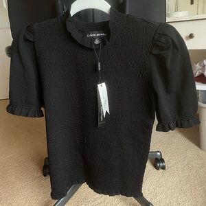 Catherine Malandrino black smocked shirred ruched puff sleeve blouse top small